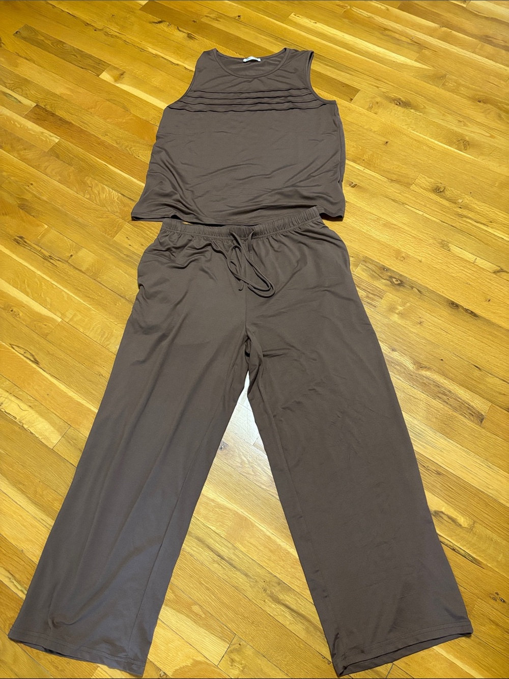 Sleeveless Wide-Leg Knit Jumpsuit Set in Brown